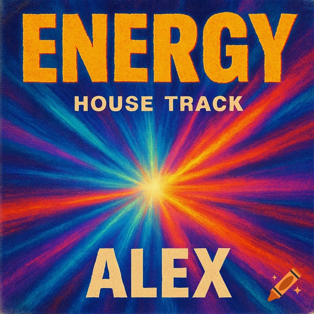 Vibrant, grainy 90s style album cover with 'ENERGY HOUSE TRACK' and 'ALEX' over an abstract radiating design.