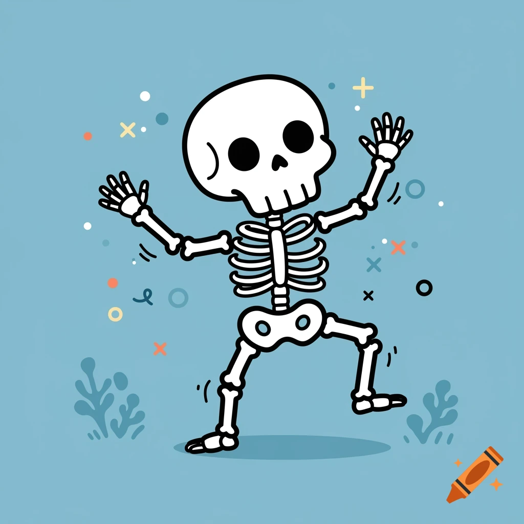 Cute cartoon skeleton dancing on a blue background with colorful shapes.
