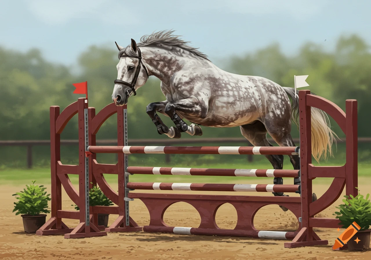 A dappled grey horse jumps over a wooden fence during a show jumping competition.