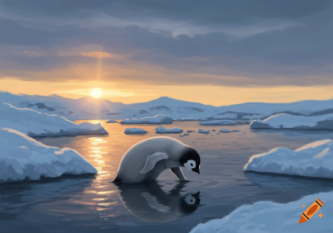 An illustration of a baby penguin dipping its head into icy water at sunrise.