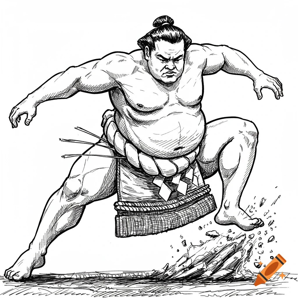 Black and white drawing of a sumo wrestler performing a shiko stomp.