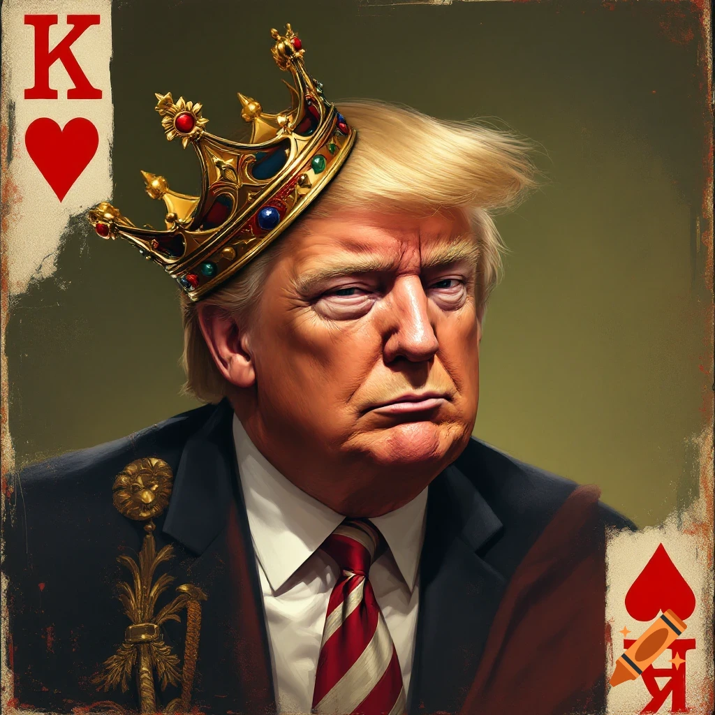 Portrait of Donald Trump as the King of Hearts playing card, wearing a tilted crown.