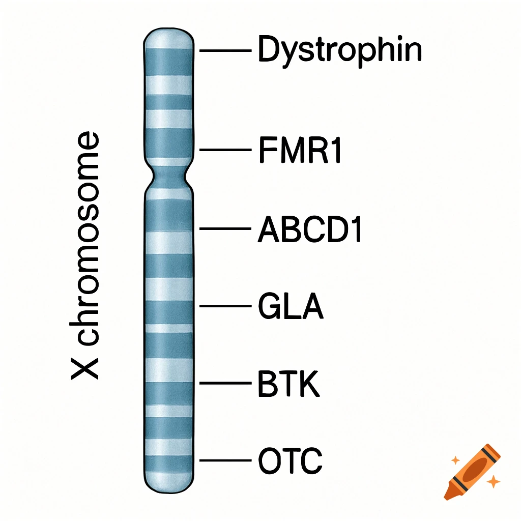 Illustration of an X chromosome with labels for genes Dystrophin, FMR1, ABCD1, GLA, BTK, and OTC.