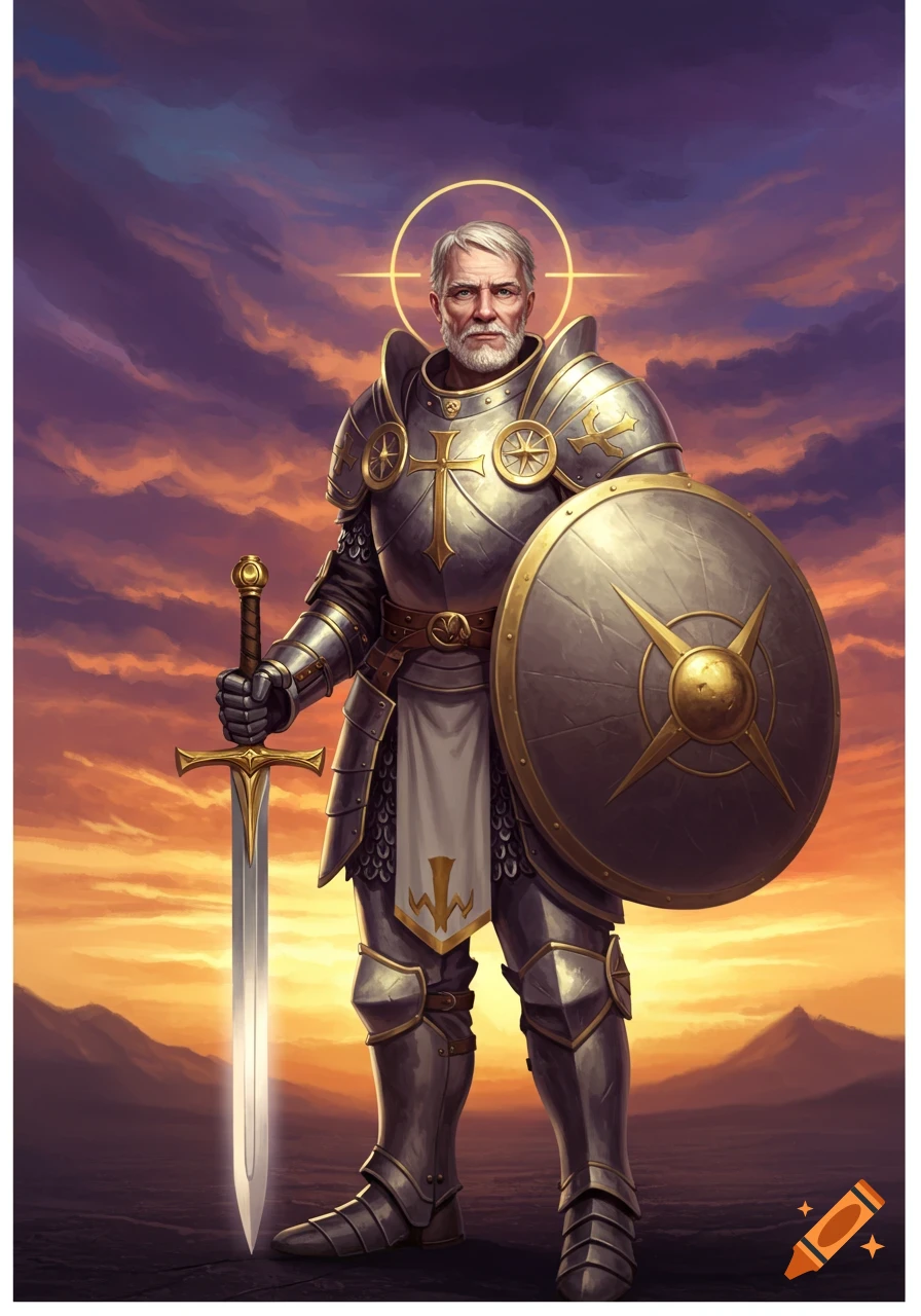 A knight in shining armor with a sword and shield, standing beneath a halo in a dramatic sunset.