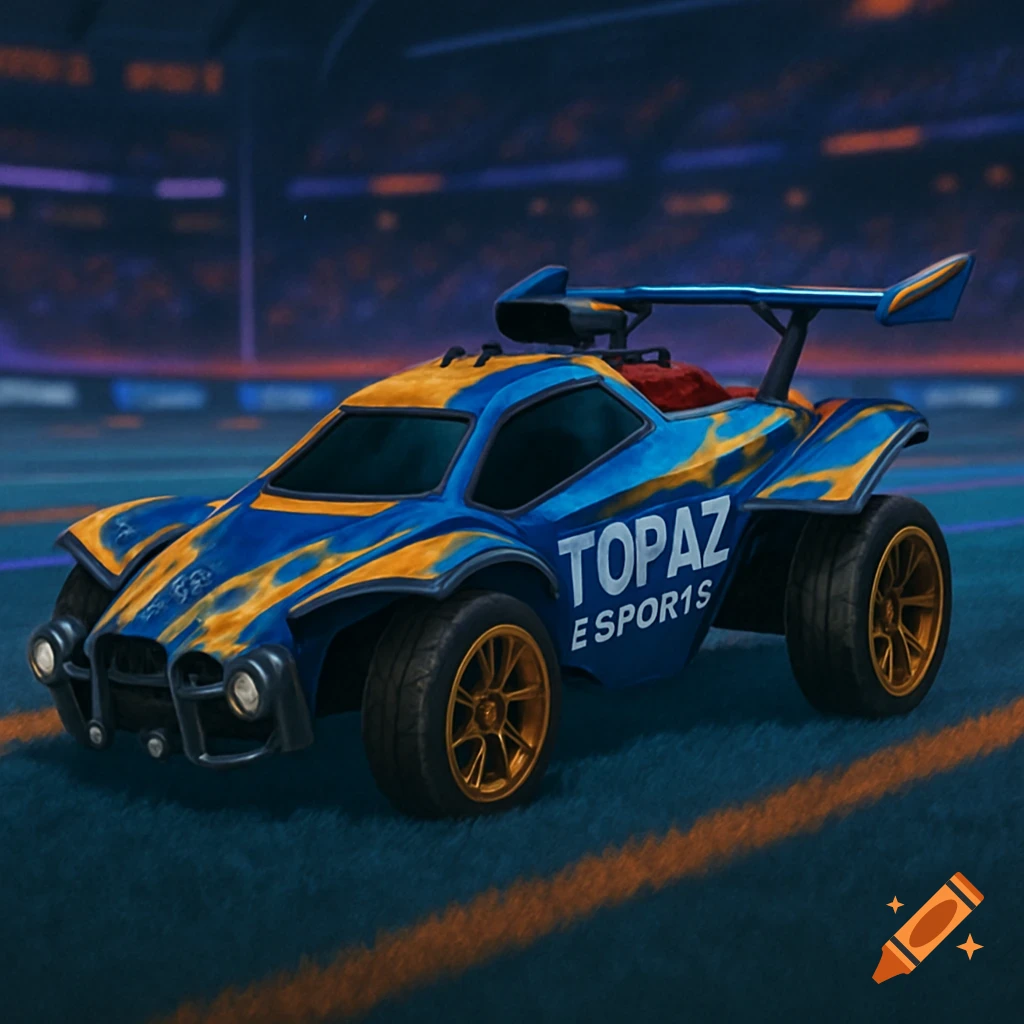 A blue and orange Rocket League car with Topaz Esports text on the side.