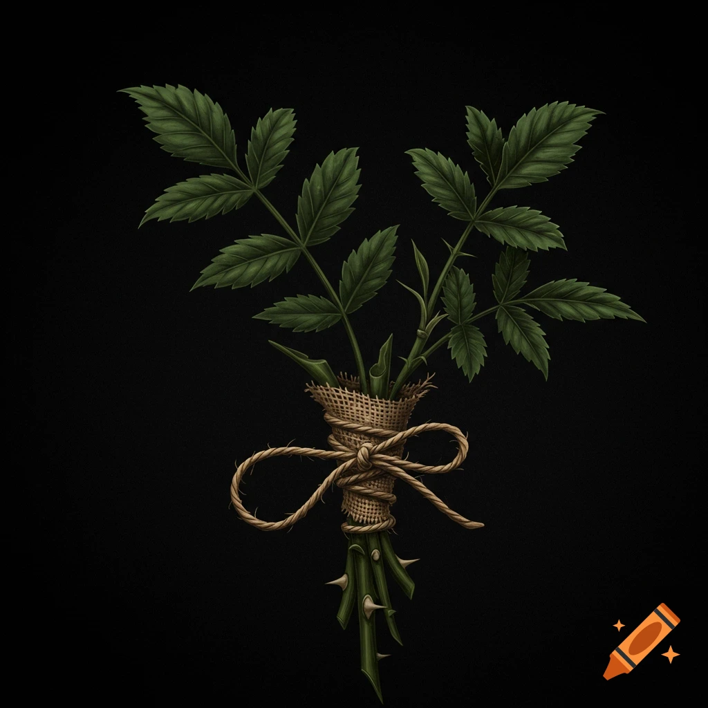 A dark illustration of a thorny plant cutting wrapped in jute and tied with string.