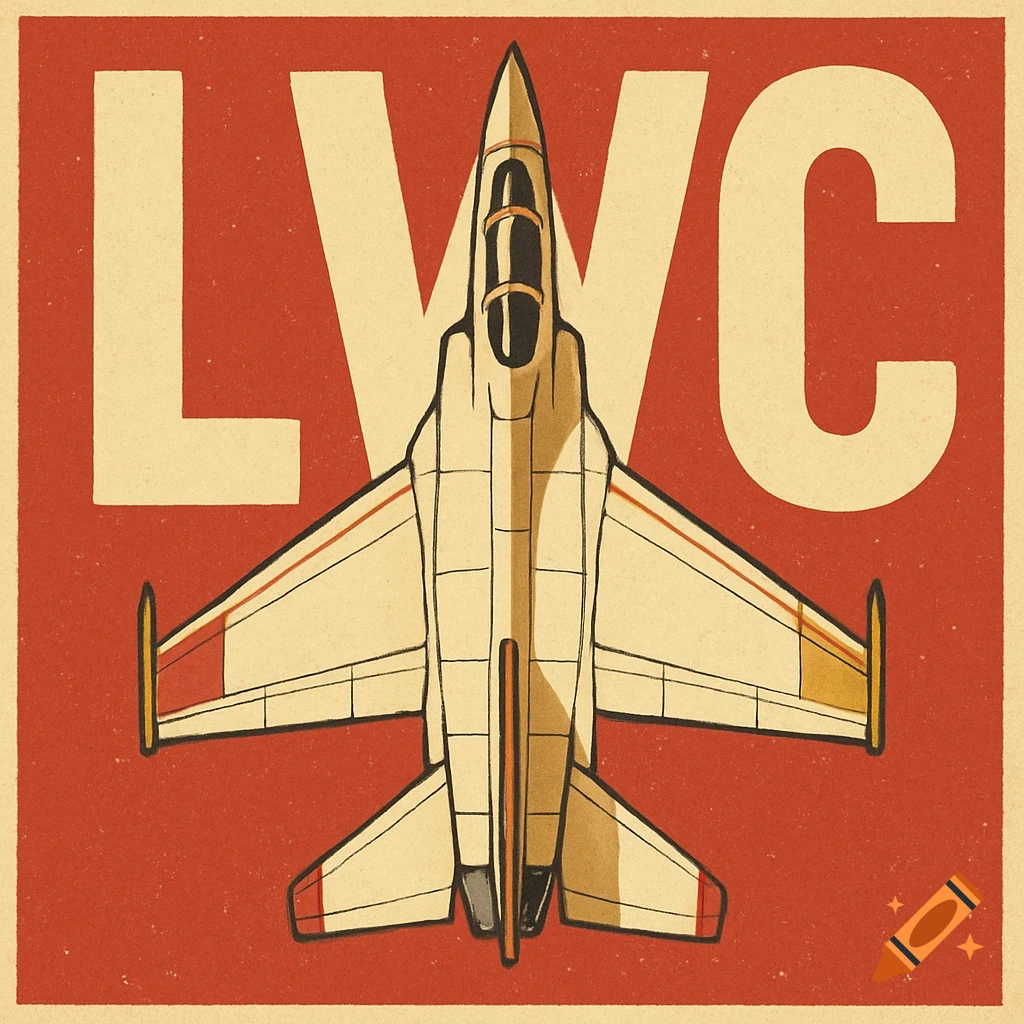 Overhead view of a fighter jet in retro art style with LWC in the background.