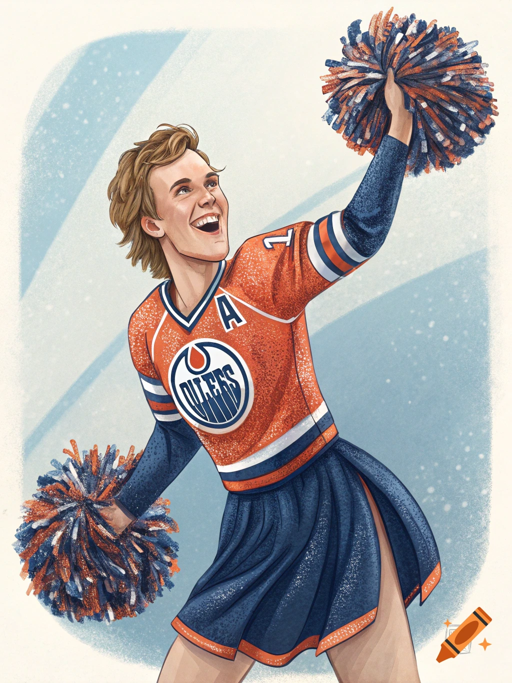 Illustration of a person in an orange and blue Oilers hockey jersey and skirt, smiling while holding pom-poms.