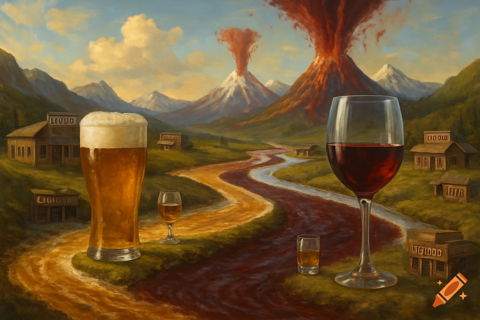 Painterly landscape with a river and volcano eruptions made of red wine, a beer river, buildings, and large glasses of beer and wine.