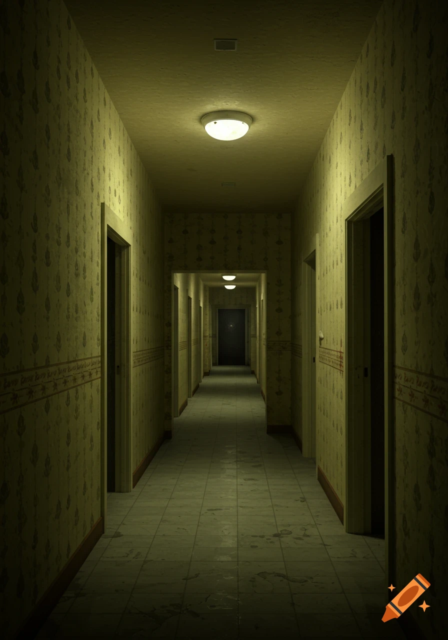 Long empty hallway with yellow wallpaper and tiled floor.