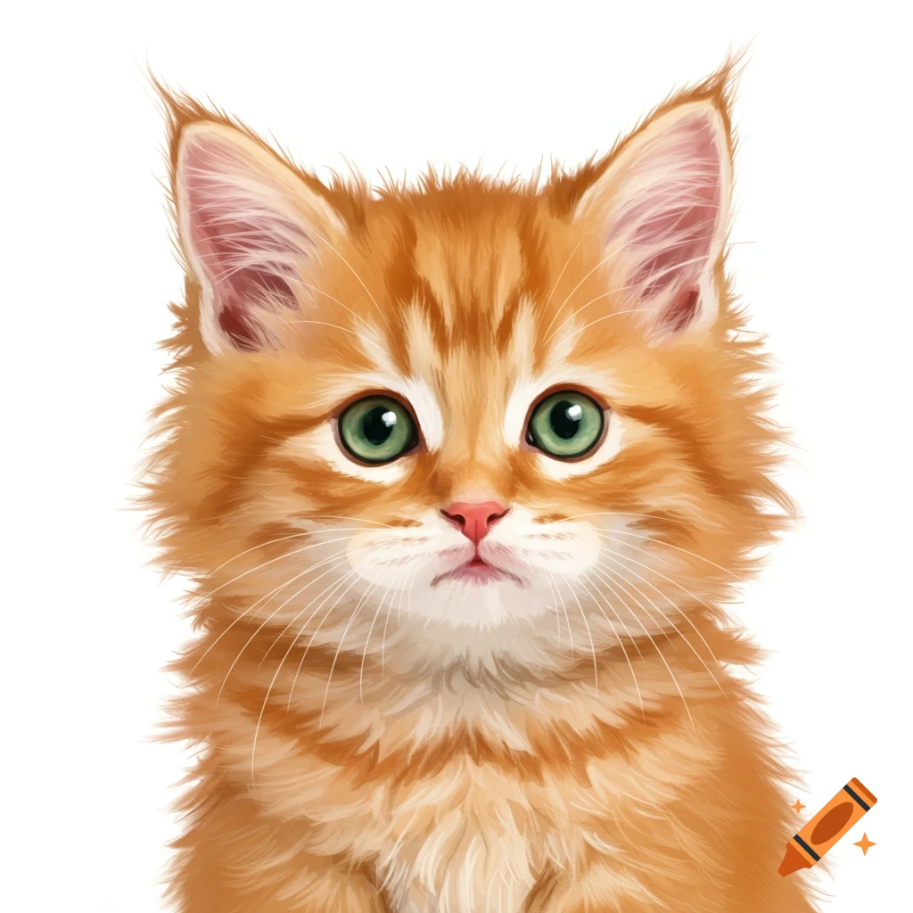 A fluffy orange kitten with green eyes looks forward.