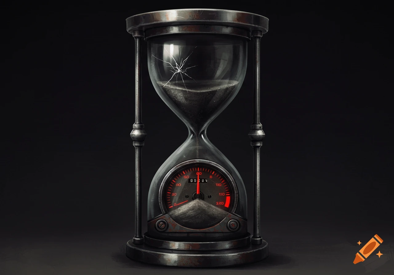 A cracked dystopian hourglass with a tachometer dial in the bottom chamber, in a steampunk style.