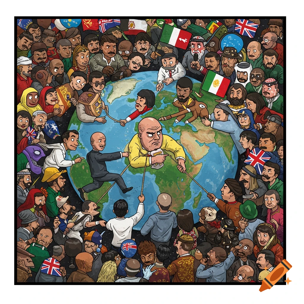 Cartoon illustration of a diverse crowd surrounding a globe, with a central figure pulling strings tied to others.