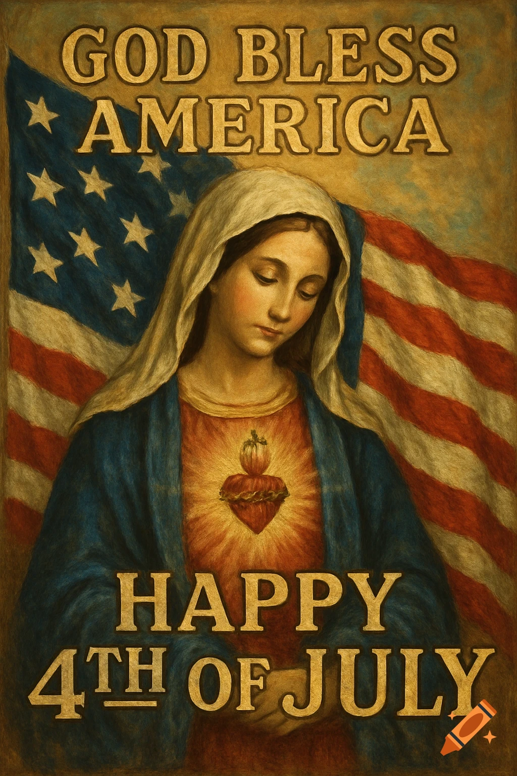 Painting of Mary with an American flag behind her, featuring the text 'God Bless America, Happy 4th of July'.
