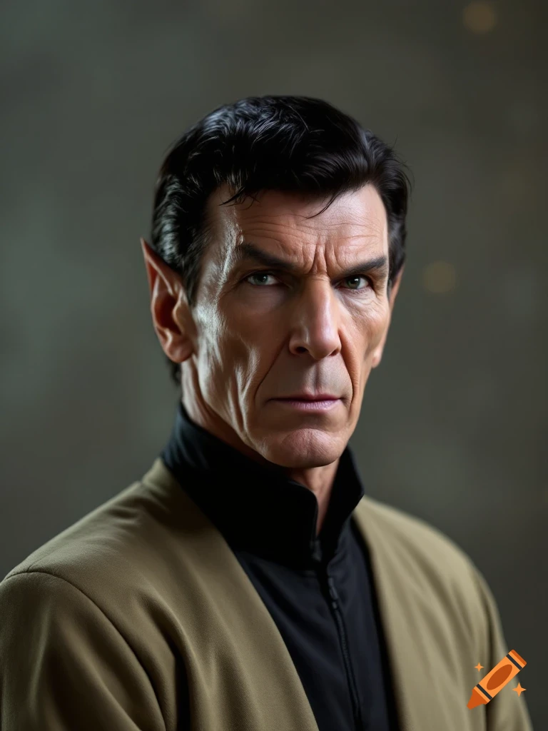 Photorealistic portrait of a man with pointed ears wearing a tan jacket