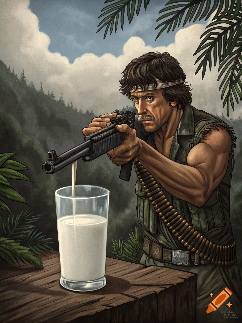 An illustration of a man resembling Rambo shooting milk from his rifle into a glass.