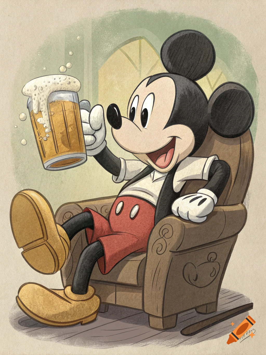 Mickey Mouse relaxes in a chair, holding up a frothy mug of beer in a sketch style.