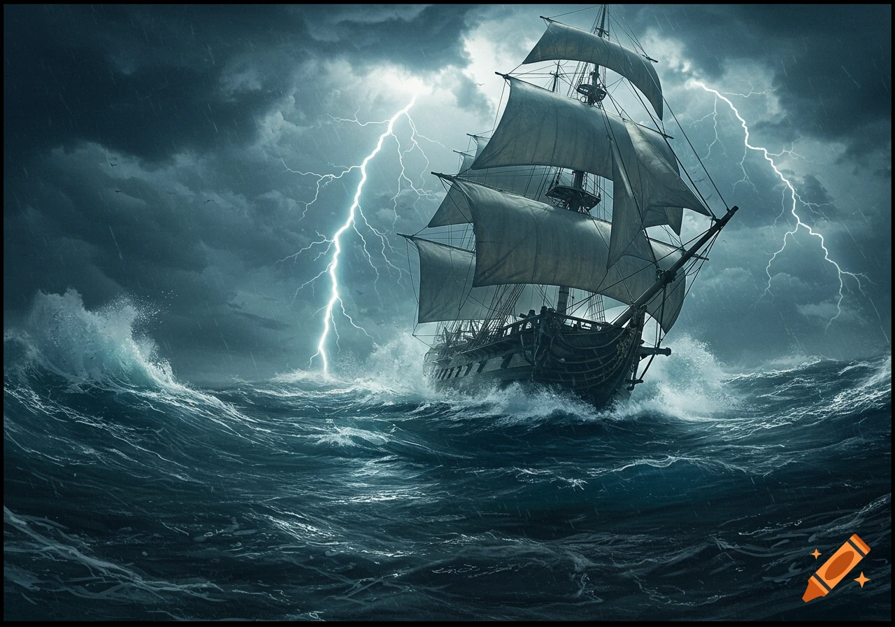 A large ship sails through a stormy sea with lightning.