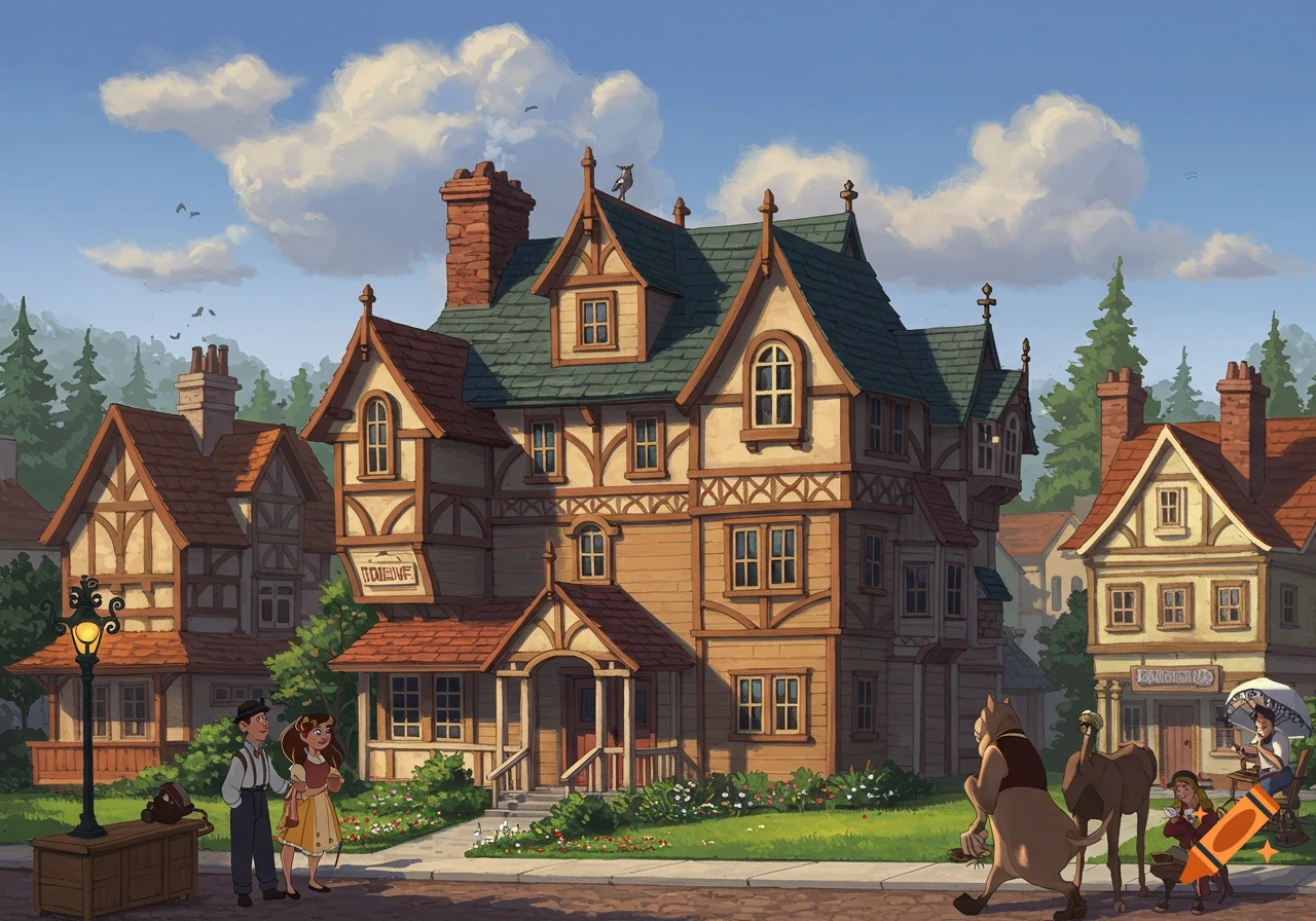 Stylized illustration of a town street with people, animal characters, and unique buildings.