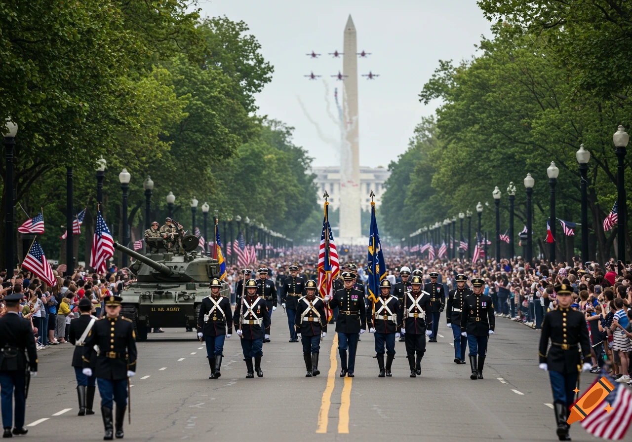 Military parade in Washington DC with soldiers, tank, American flags, Washington Monument, and jets flying overhead.