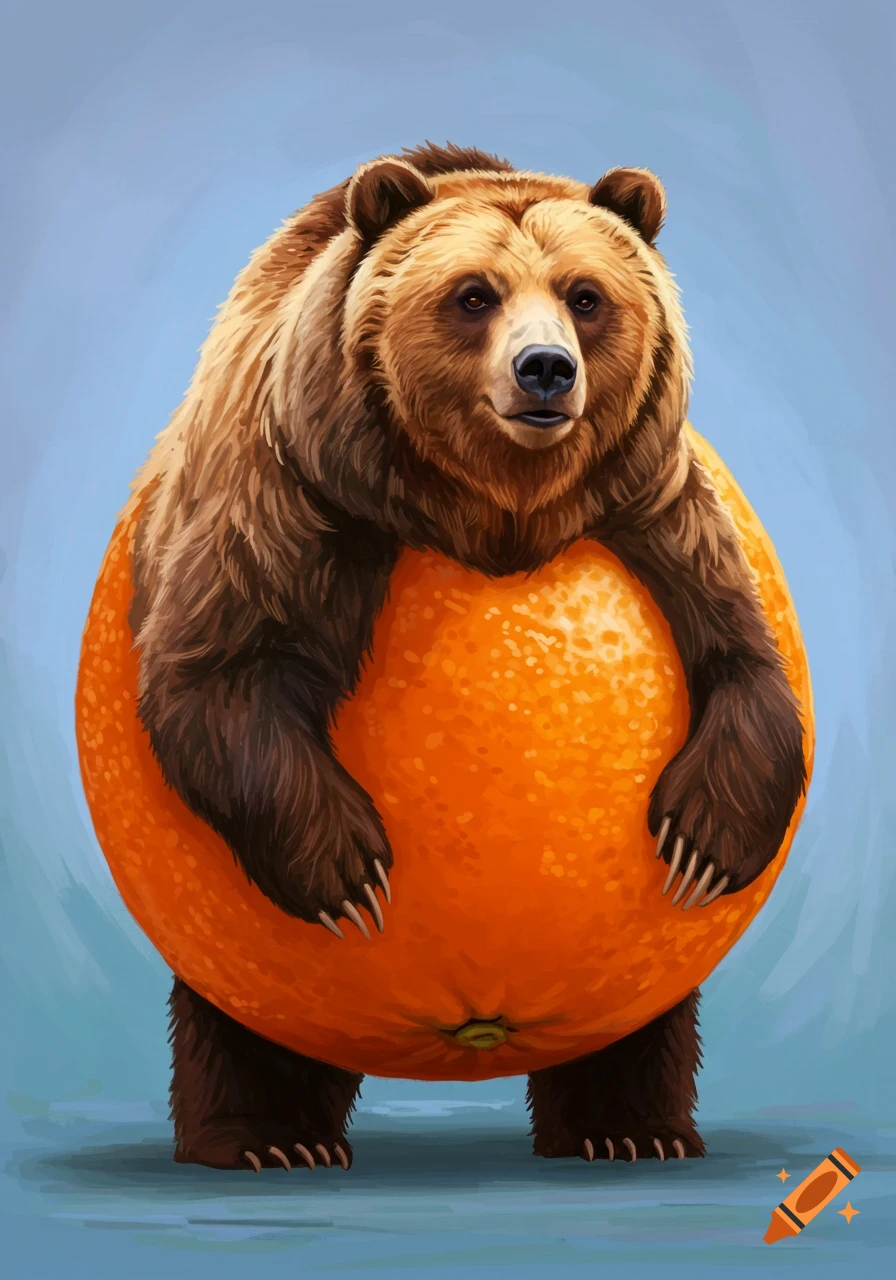 A painted image of a grizzly bear standing on two legs, with its body replaced by a giant orange.