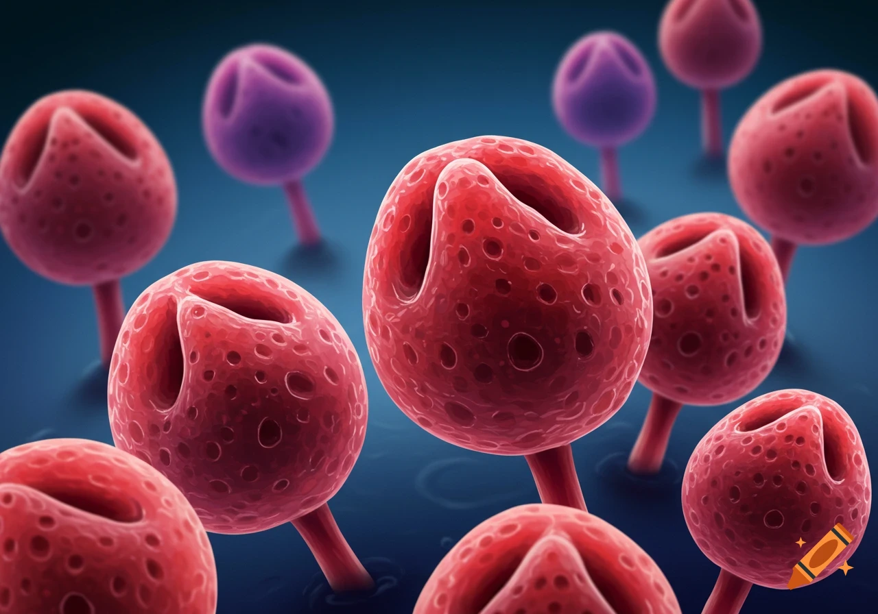 Microscopic view of red and purple taste bud-like structures.