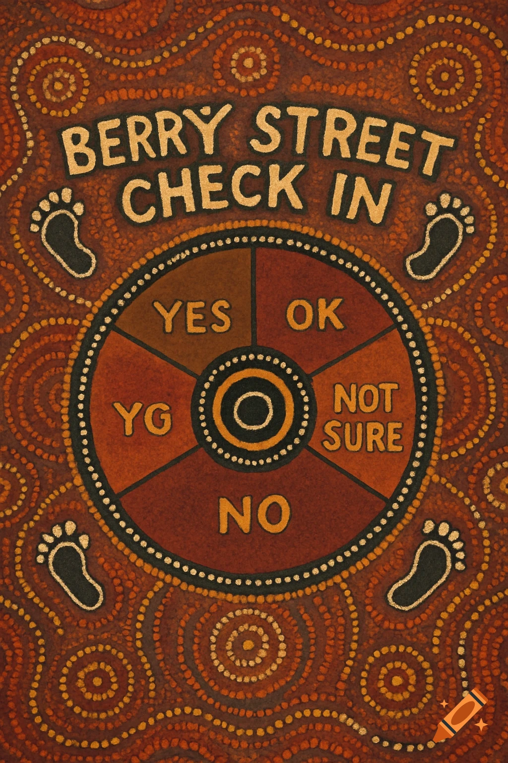 Berry Street Check In wheel in Aboriginal dot painting style with text and footprints.