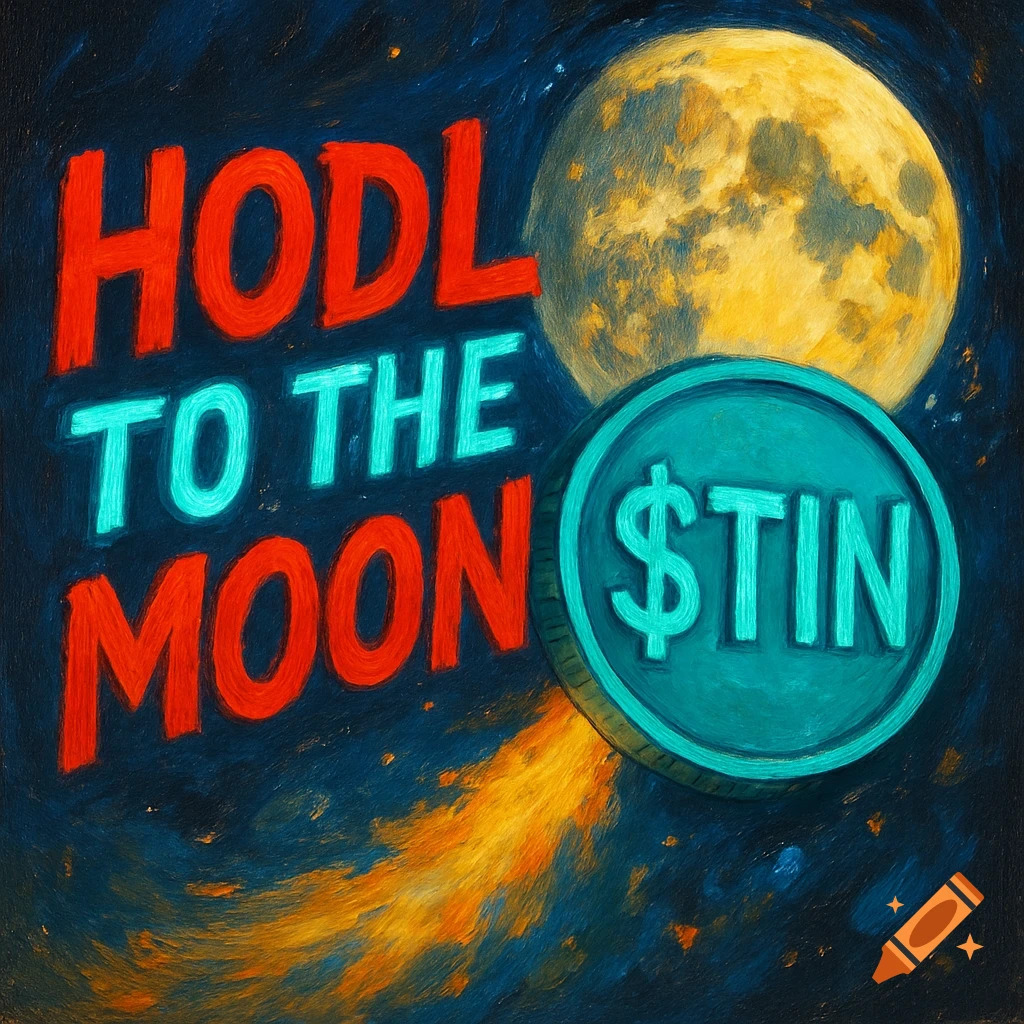 Painted image with red and blue text 'HODL TO THE MOON', a yellow moon, and a teal coin with '$TIN'.