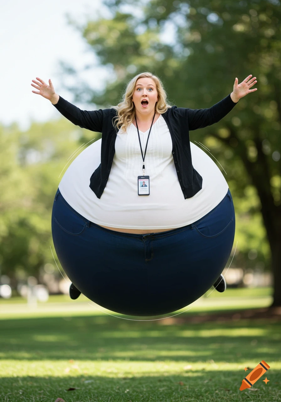 A woman inflated like a balloon floats in a park.