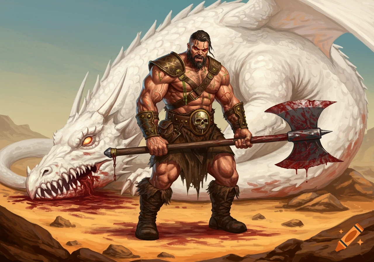 Muscular barbarian with an axe stands over a dead white dragon covered in blood in a desert.