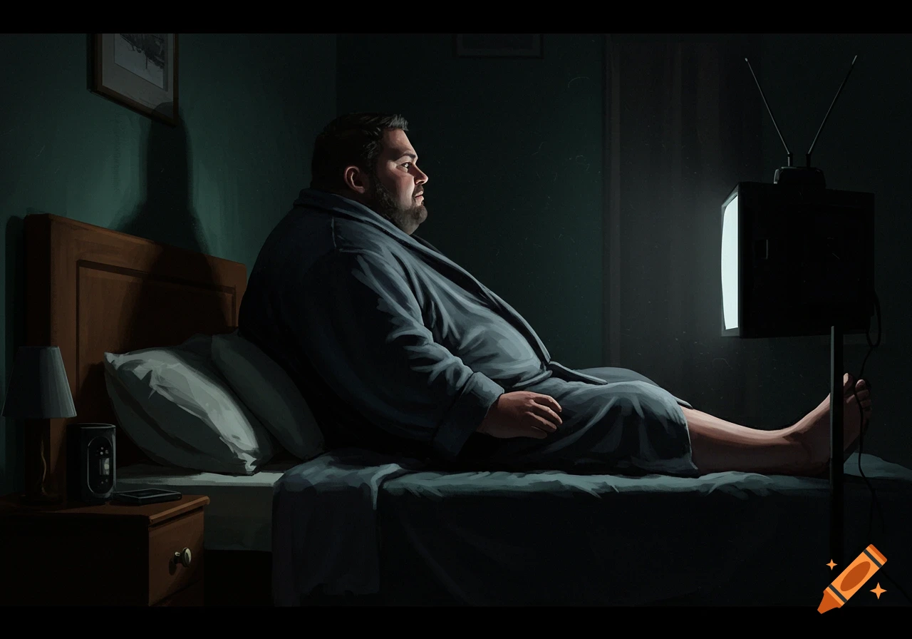 Illustration of a large man in a bathrobe watching TV in a dark bedroom.