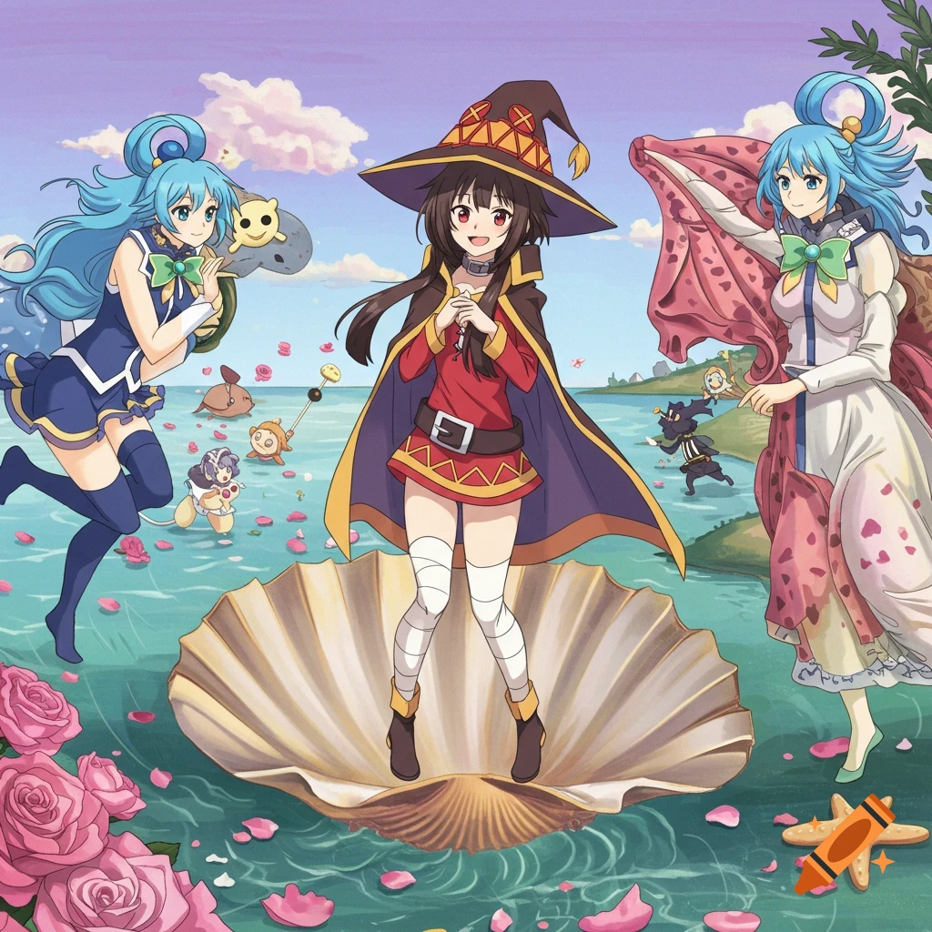 Anime illustration of Megumin and Aqua characters recreating The Birth of Venus on a giant seashell