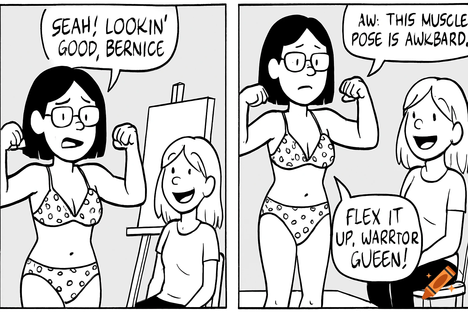 Black and white comic strip of two people, one in a bikini flexing muscles while the other cheers.