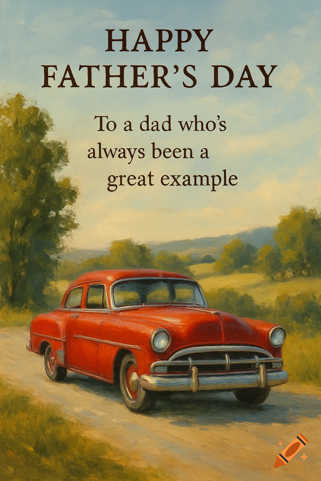 Oil painting of a vintage red car on a dirt road with green hills and trees, text reads 'HAPPY FATHER'S DAY To a dad who's always been a great example'