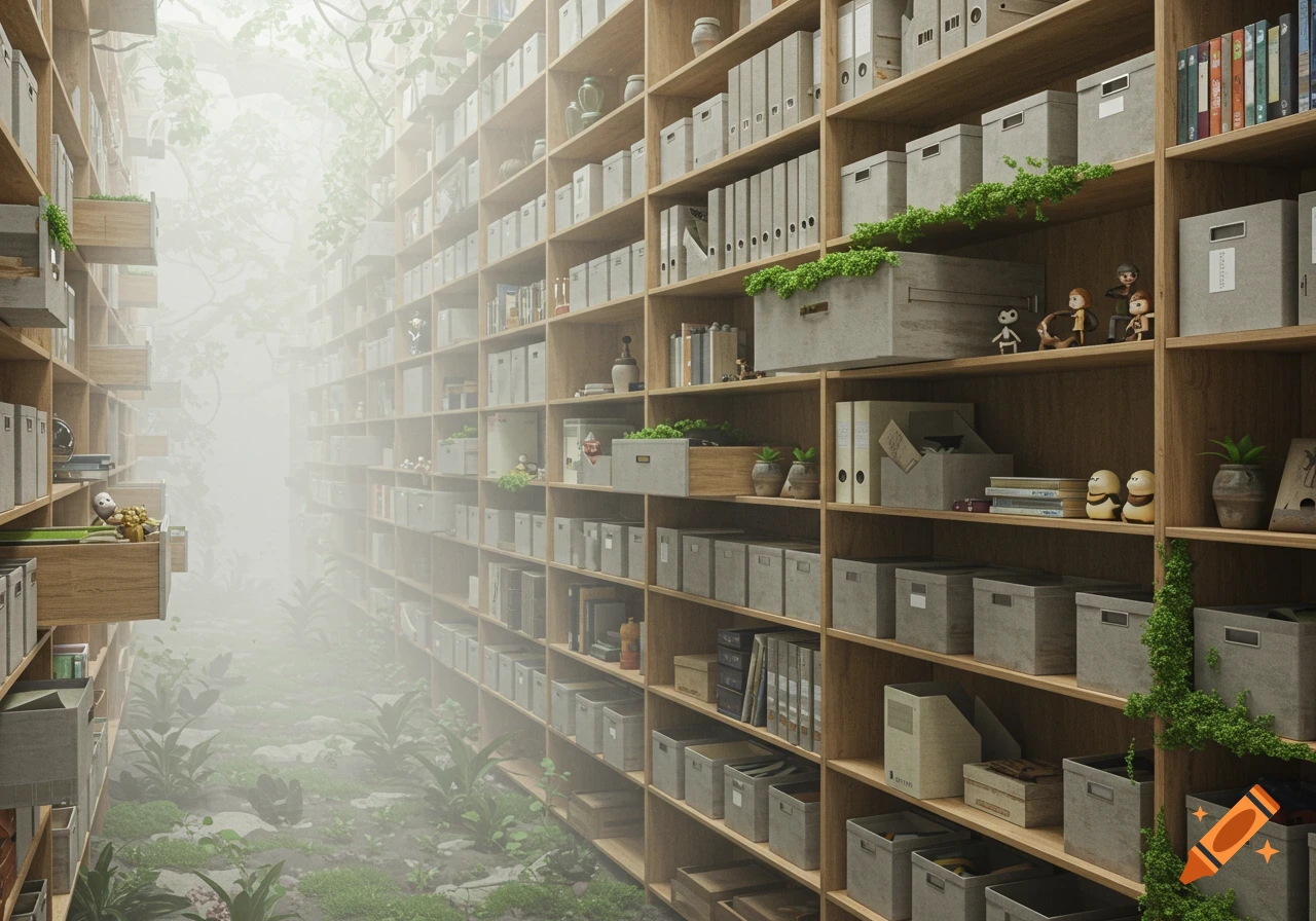 Infinite library aisle with shelves overflowing with books, boxes, and plants, fading into a misty forest background.