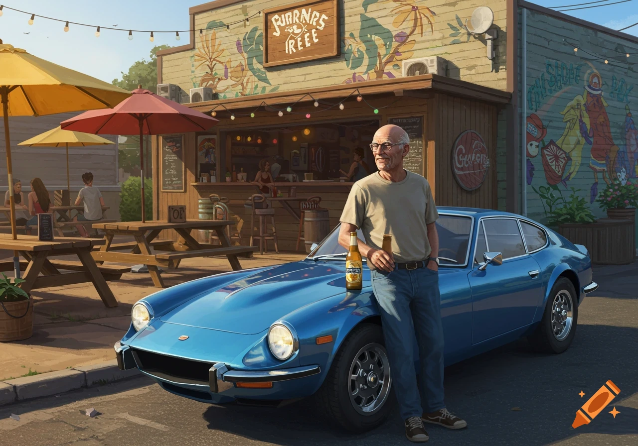 An old man stands beside a blue classic sports car holding a beer in front of an outdoor restaurant.