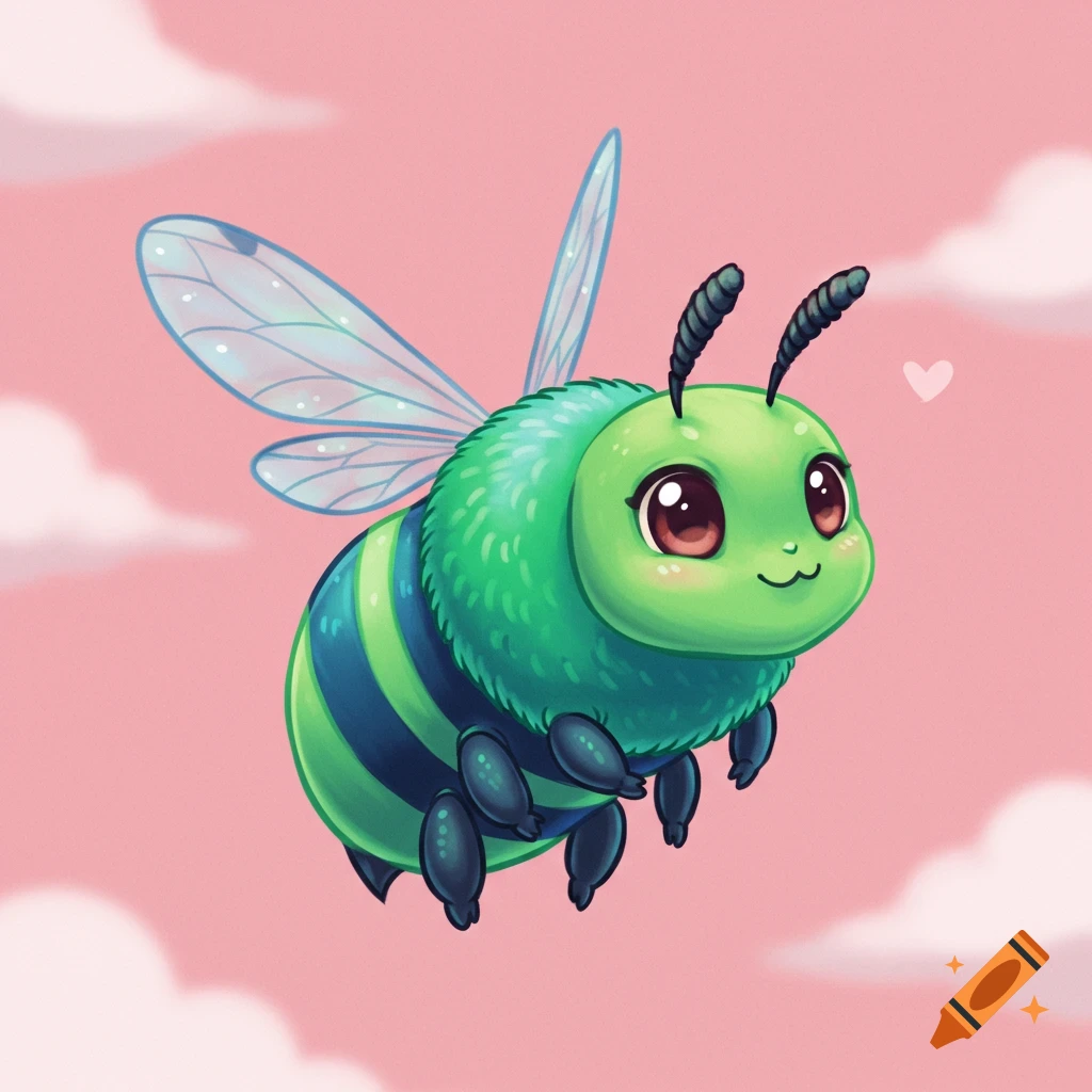 A cute green and blue chibi bee flies in a pink sky with clouds and a heart.