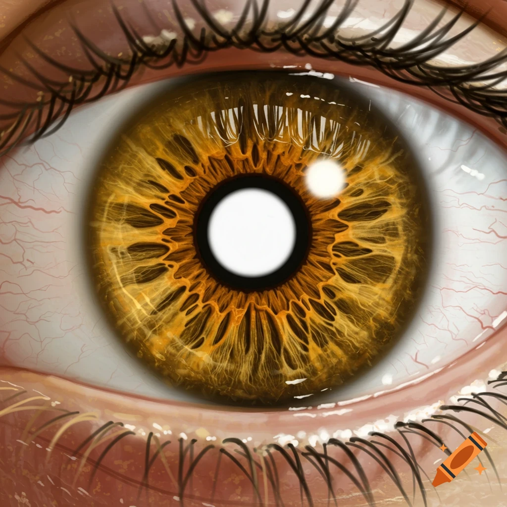 Close-up of a human eye with a golden iris and white pupil.
