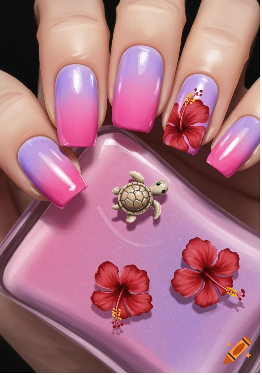 Close-up of hands with pink and purple gradient nail art, a hibiscus flower, a turtle charm, and hibiscus flowers on a nail polish bottle.
