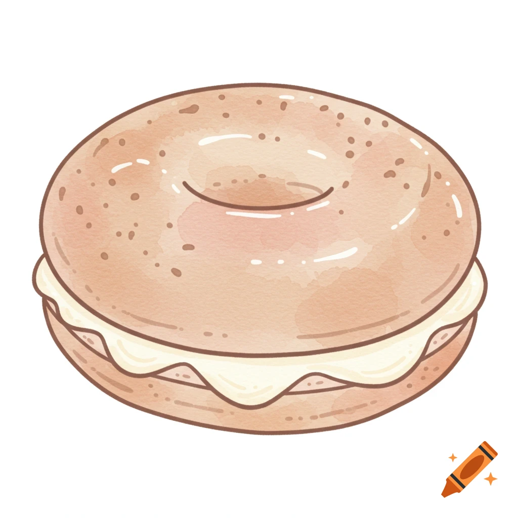 Watercolor illustration of a bagel with cream cheese