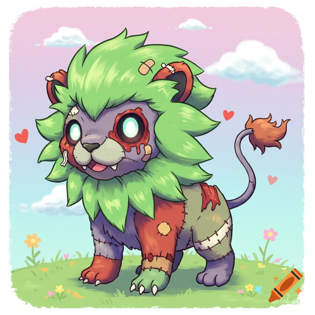 A cute cartoon zombie lion stands in a field with flowers and a pink sky. It has green mane, purple skin, stitches, band-aids, and glowing eyes.