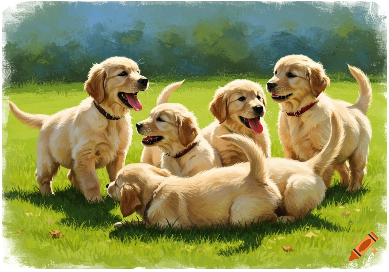 Several golden retriever puppies playing on grass in a painted style.