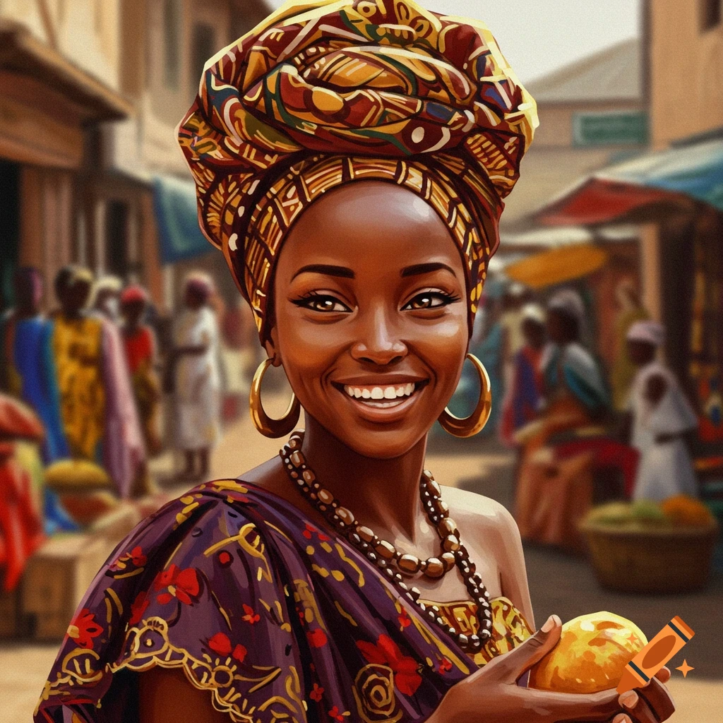A smiling woman in traditional African attire holds a fruit in a blurred marketplace.