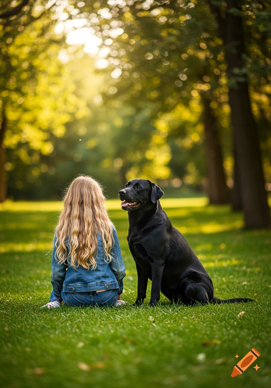 A blonde girl sits with her black lab dog in a sunny park. on Craiyon