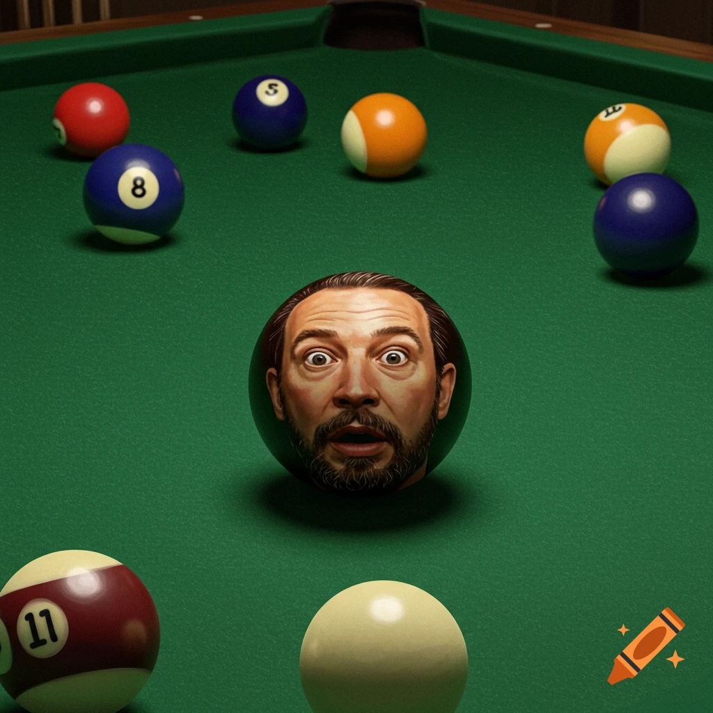Overhead view of a pool table with balls, including one with a surprised man's face.