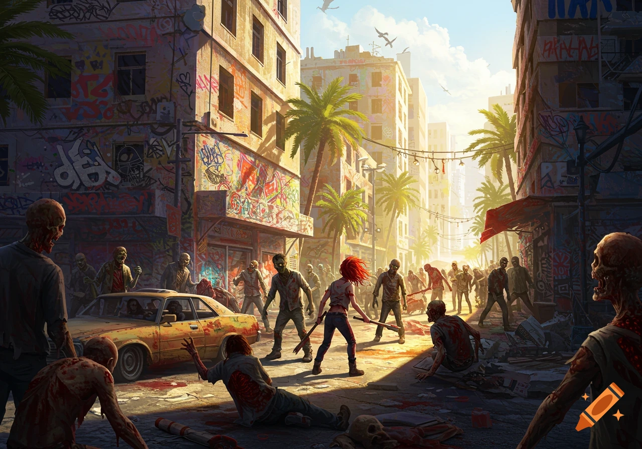 Illustration of a zombie apocalypse in a destroyed city street with zombies, a fighter, car, and palm trees.