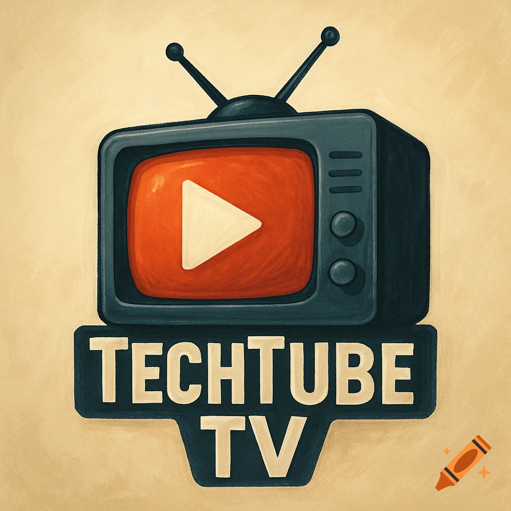 Illustration of a retro TV with a play button on screen and 'TECHTUBE TV' text below.