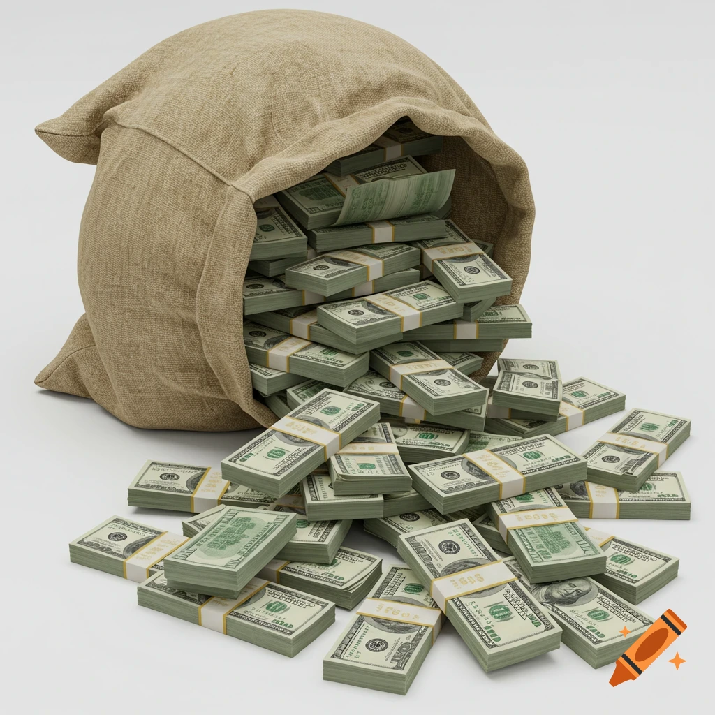 Burlap sack overflowing with bundles of US hundred-dollar bills.