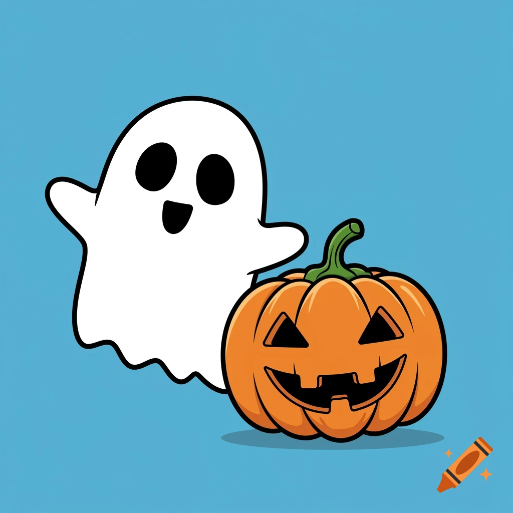 A cute cartoon ghost floats next to a jack-o'-lantern pumpkin in vector style.