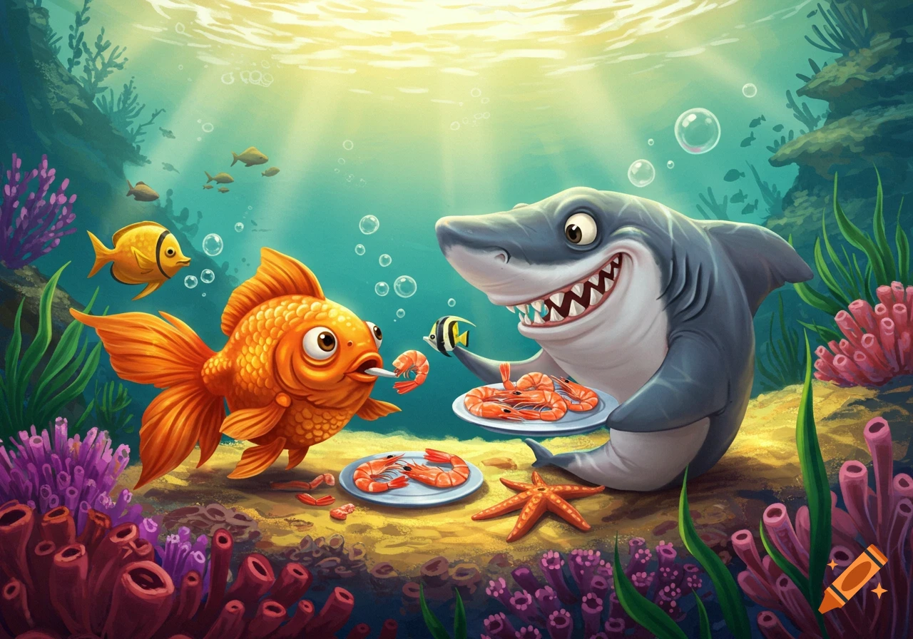 Cartoon shark and goldfish sharing shrimp underwater